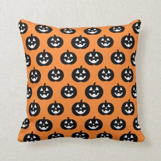 Cute Black Jack-O-Lantern Pumpkin Orange Halloween Throw Pillow