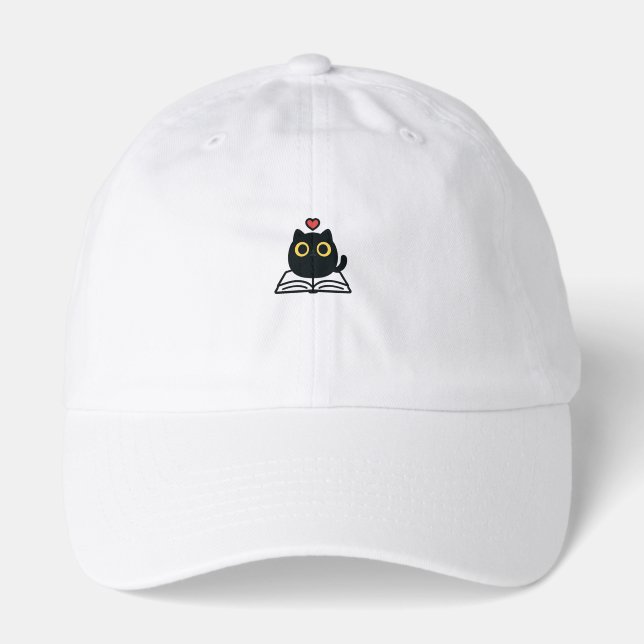 Cute Black Kawaii Cat Reading Book Cartoon Hat (Front)