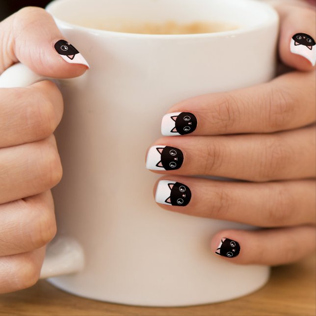 Cute Black Kawaii Kitty Cat Minx Nail Wraps (Insitu - Mug)