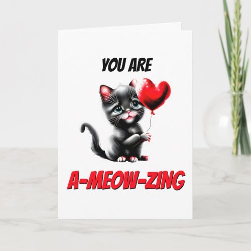 Cute black kitten ameowzing red heart cat lovers holiday card