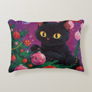 Cute Black Kitten and Christmas Tree Accent Pillow