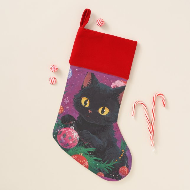 Cute Black Kitten and Christmas Tree Christmas Stocking (Front)