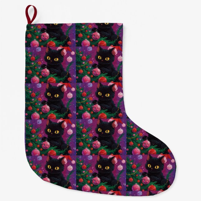 Cute Black Kitten and Christmas Tree Large Christmas Stocking (Front)