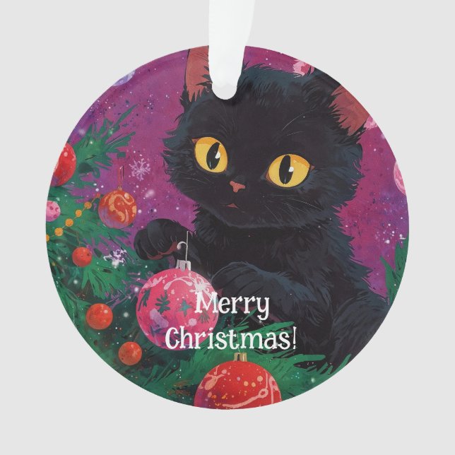 Cute Black Kitten and Christmas Tree Ornament (Front)