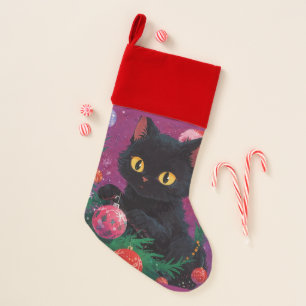 Cute Black Kitten and Christmas Tree Stocking