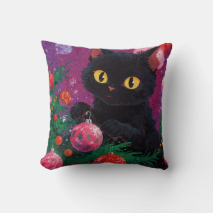 Cute Black Kitten and Christmas Tree Throw Pillow