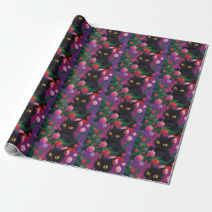 Cute Black Kitten and Christmas Tree Wrapping Paper