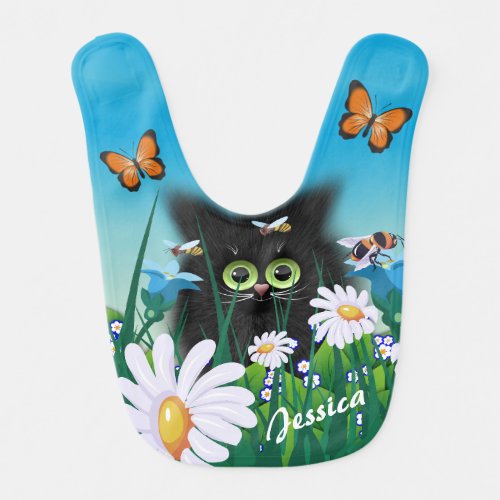 Cute Black Kitten and Daisies Art Personalised Baby Bib