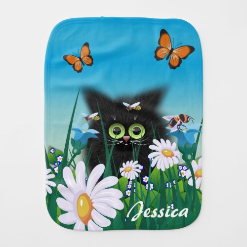 Cute Black Kitten and Daisies Art Personalised Baby Burp Cloth