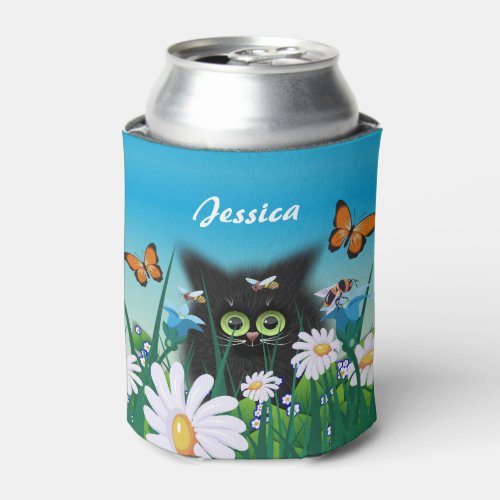 Cute Black Kitten and Daisies Art Personalised Can Cooler