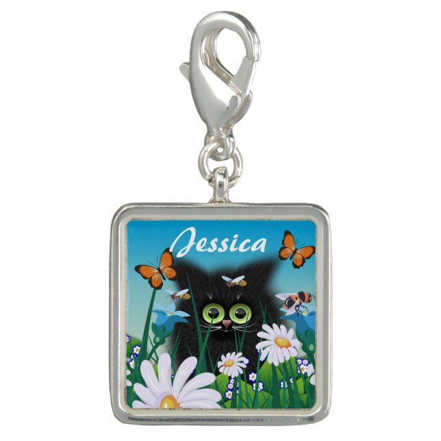 Cute Black Kitten and Daisies Art Personalised Charm (Front)