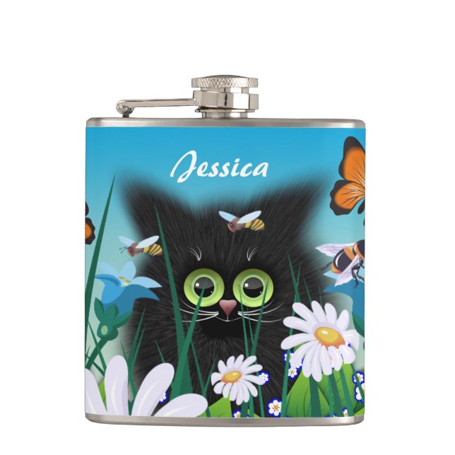 Cute Black Kitten and Daisies Art Personalised Flask (Front)