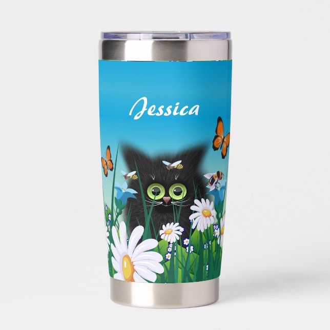 Cute Black Kitten and Daisies Art Personalised Insulated Tumbler (Front)