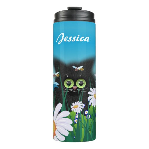 Cute Black Kitten and Daisies Art Personalised Thermal Tumbler