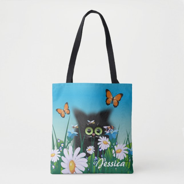 Cute Black Kitten and Daisies Art Personalised Tote Bag (Front)