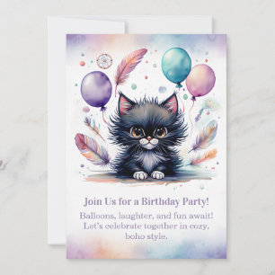 Cute Black Kitten Birthday Invitation Boho