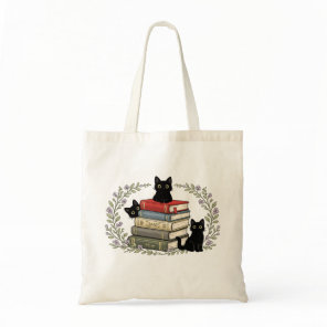 Cute Black Kitten Book Stack Floral Wreath Gift Tote Bag