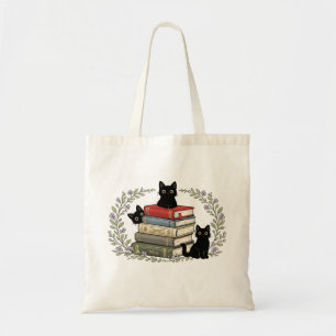 Cute Black Kitten Book Stack Floral Wreath Gift Tote Bag