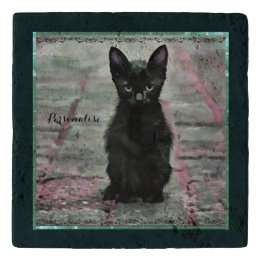 Cute Black Kitten Cat Green Pink Rustic Stone Trivet