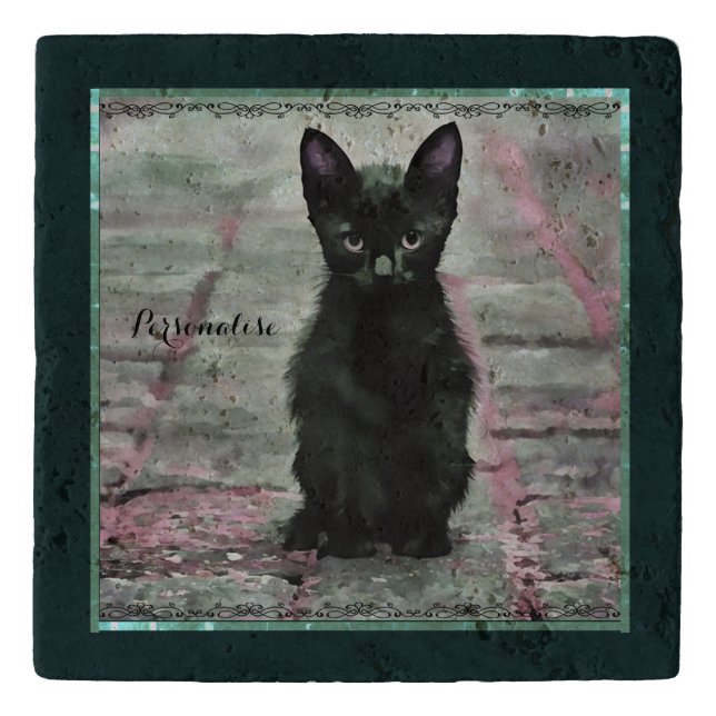 Cute Black Kitten Cat Green Pink Rustic Stone  Trivet (Front)