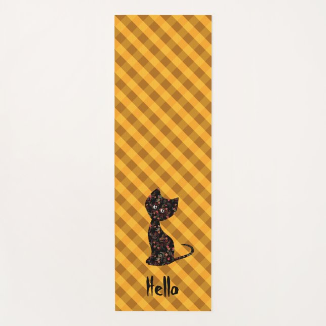 Cute black kitten cat personalized checkered plaid yoga mat (Front)