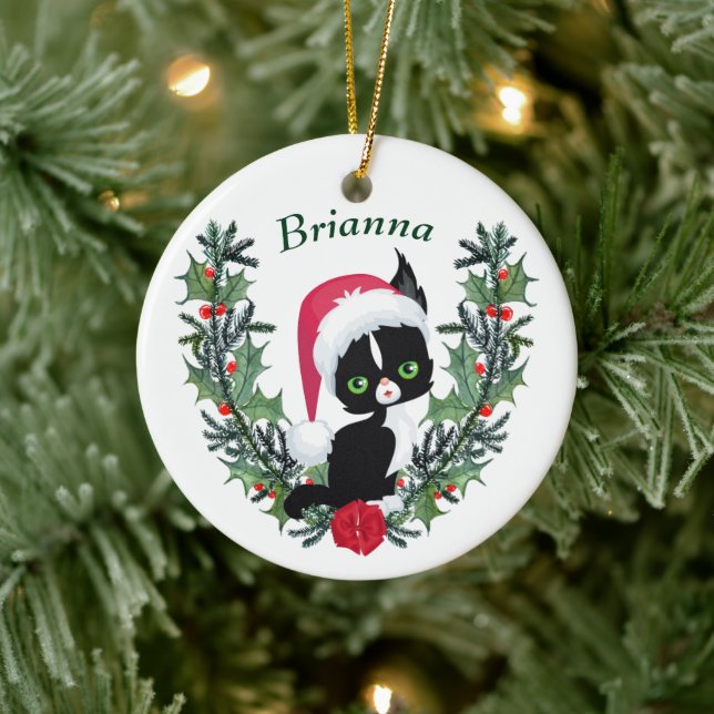 Cute Black Kitten Christmas Wreath Ceramic Ornament (Tree)