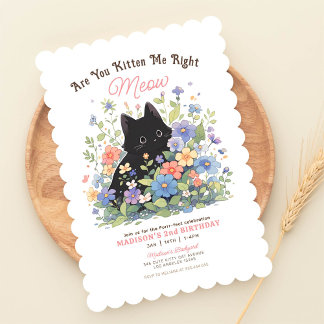 Cute Black Kitten Floral Birthday Invitation | Cat