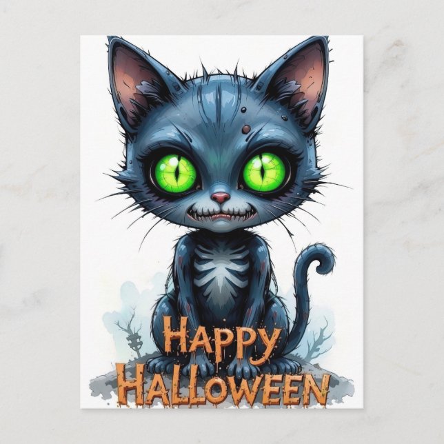 Cute Black Kitten Halloween Whimsical Cat Lover  Postcard (Front)