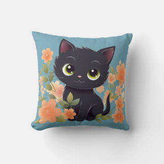 Cute Black Kitten, House Panther with Flowers Throw Pillow