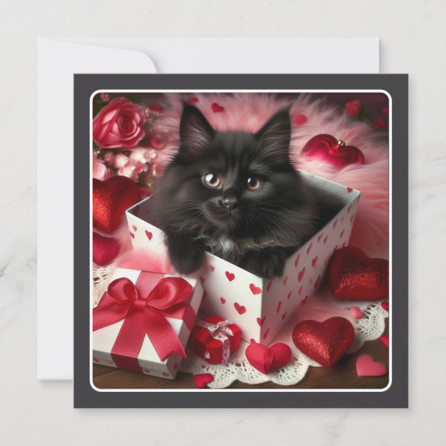 Cute Black Kitten in Box Funny Valentine  Holiday Card (Front)