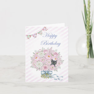 Cute Black Kitten in Pink Bouquet Pretty Birthday Card