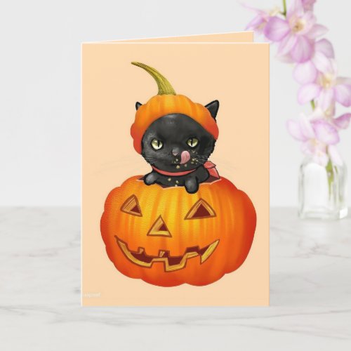 Cute Black Kitten in Pumpkin Halloween Card