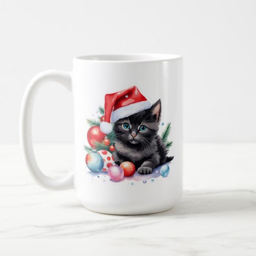 Cute Black Kitten in Santa Hat Christmas  Coffee Mug