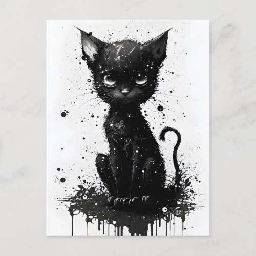 Cute Black Kitten Ink Print Goth Postcard
