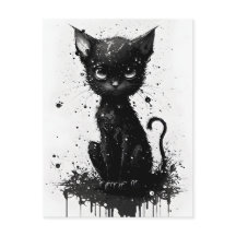 Cute Black Kitten Ink Print Goth Postcard