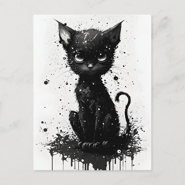 Cute Black Kitten Ink Print Goth Postcard (Front)