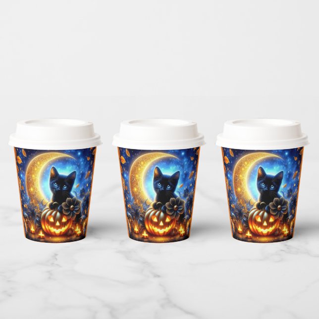 Cute black kitten, jack-o-lantern and moon paper cups (Multi)