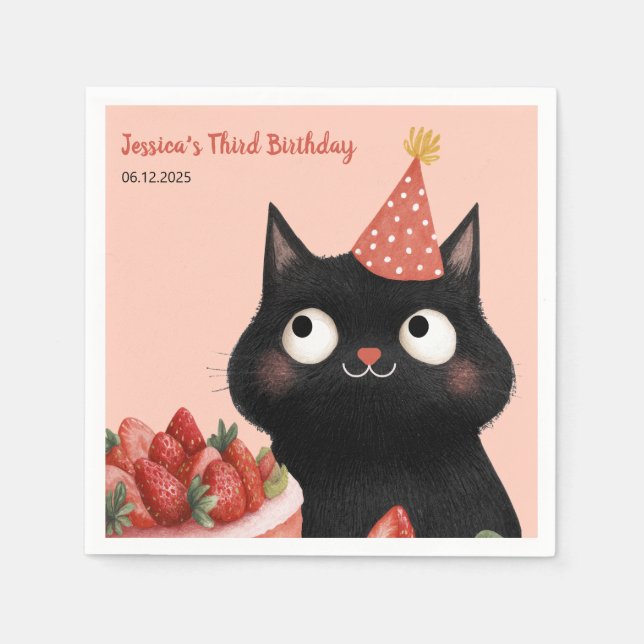 Cute Black Kitten Kids’ Purr-fect Birthday Party  Napkins (Front)