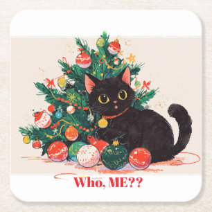 Cute Black Kitten looking Guilty - Christmas Square Paper Coaster