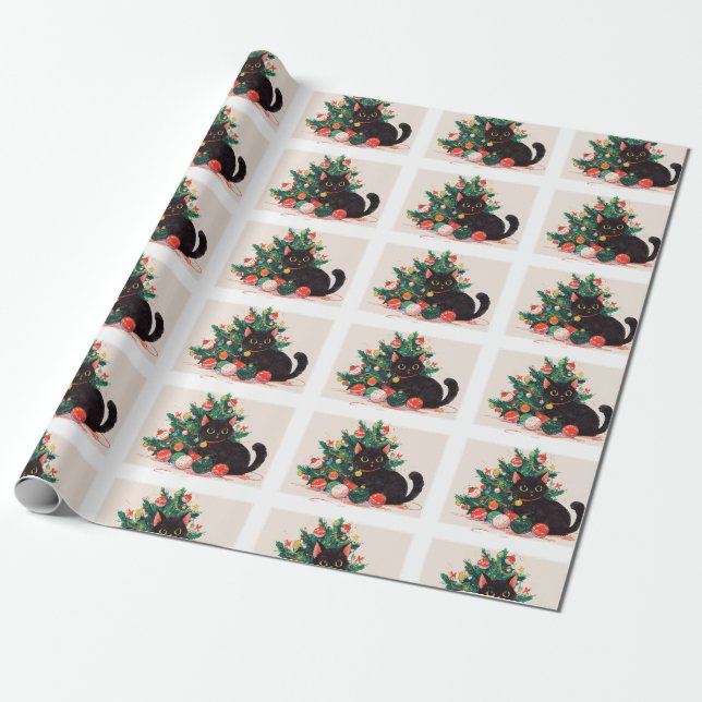 Cute Black Kitten looking Guilty - Christmas  Wrapping Paper (Unrolled)
