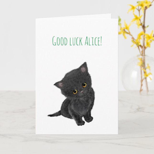 Cute black kitten personalized good luck card (Yellow Flower)