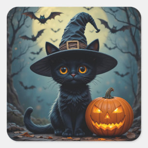 Cute Black Kitten Pumpkin Witch Hat Halloween Scen Square Sticker