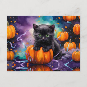 Cute Black Kitten Pumpkins and Ribbon Holiday Postcard