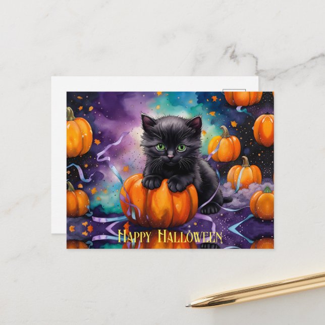 Cute Black Kitten Pumpkins and Ribbon Holiday Postcard (Front/Back In Situ)