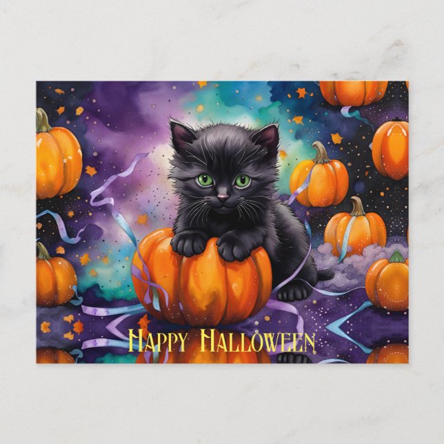 Cute Black Kitten Pumpkins and Ribbon Postcard (Front)