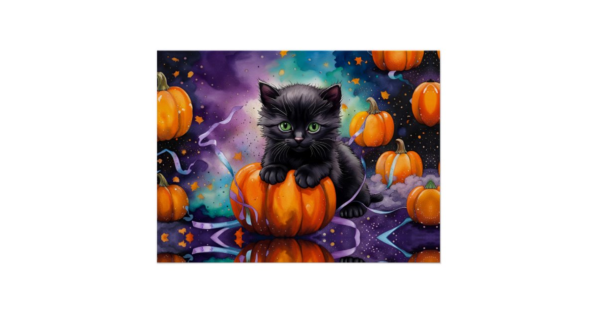 Cute Black Kitten Pumpkins and Ribbon Poster | Zazzle