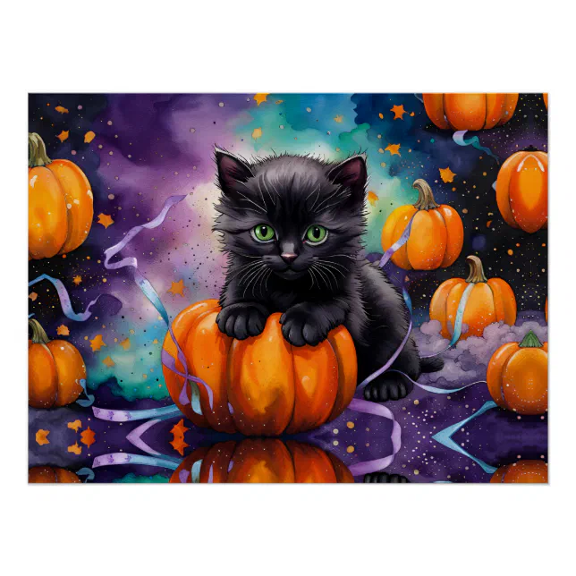 Cute Black Kitten Pumpkins and Ribbon Poster | Zazzle