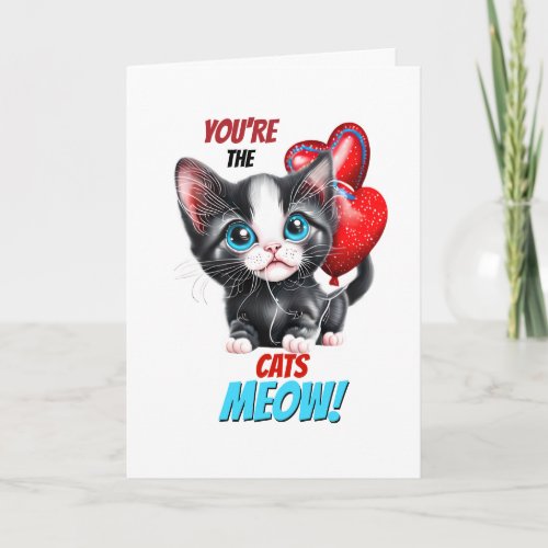 Cute black kitten red heart cats meouw romantic holiday card