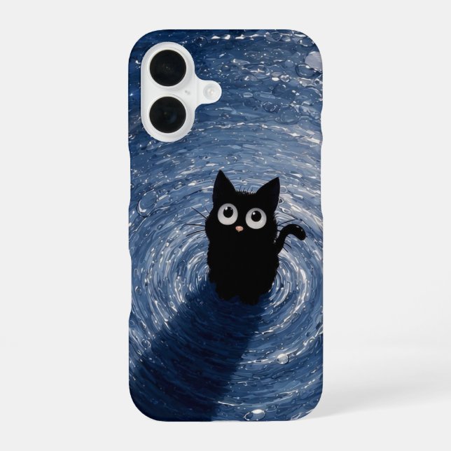 Cute Black Kitten Under Starry Night iPhone 16 Case (Back)