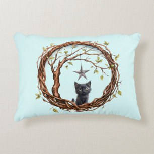 Cute Black Kitten Watching a Star Accent Pillow